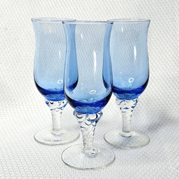 3 Vintage Blue Twisted Stem Shot Aperitif Cordial Glasses 4.5" barware stemware - Picture 1 of 10